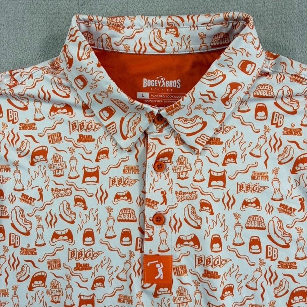 Bogey Bros Golf Performance Polo Shirt in Orange Sausage Samurai Men Large NWOT